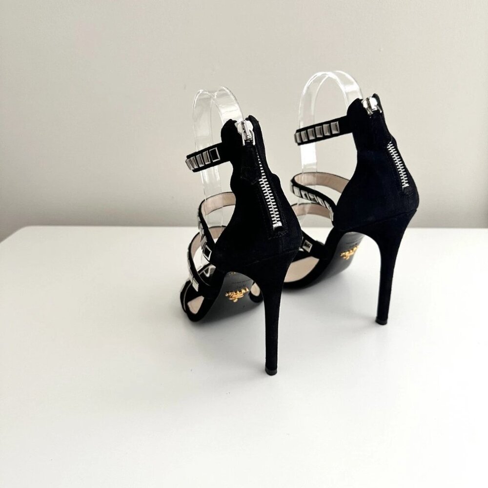 PRADA Black Suede Silver Studded Strappy Sandals Heels Size 38.5 (US 8.5) - Picture 8 of 11